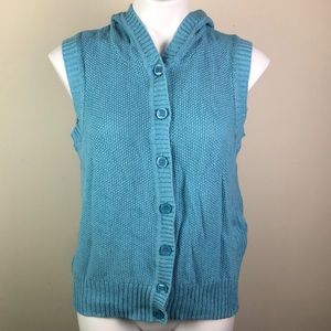 Hooded Sweater Sleeveless Turquoise Blue Button Front